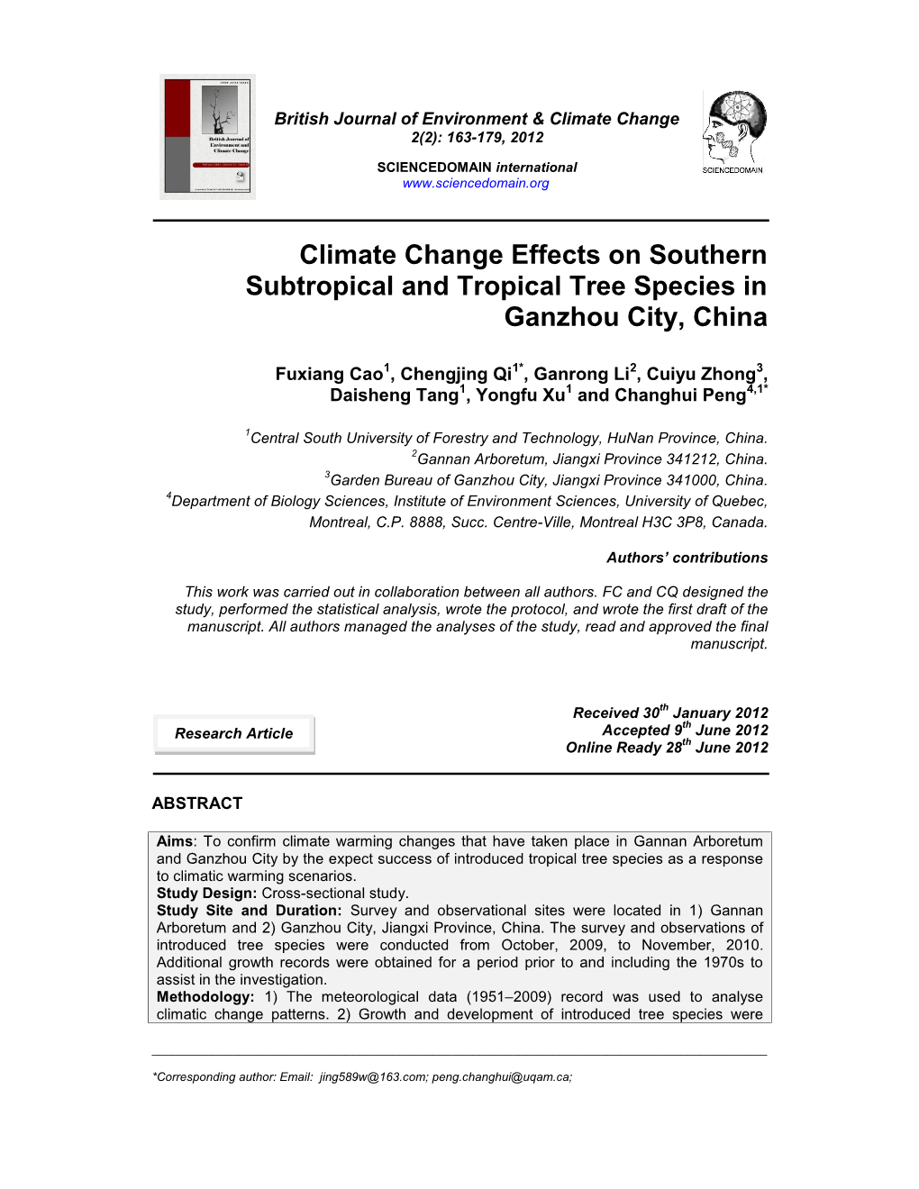 Climate Change Effects on Southern Subtropical and Tropical Tree Species in Ganzhou City, China