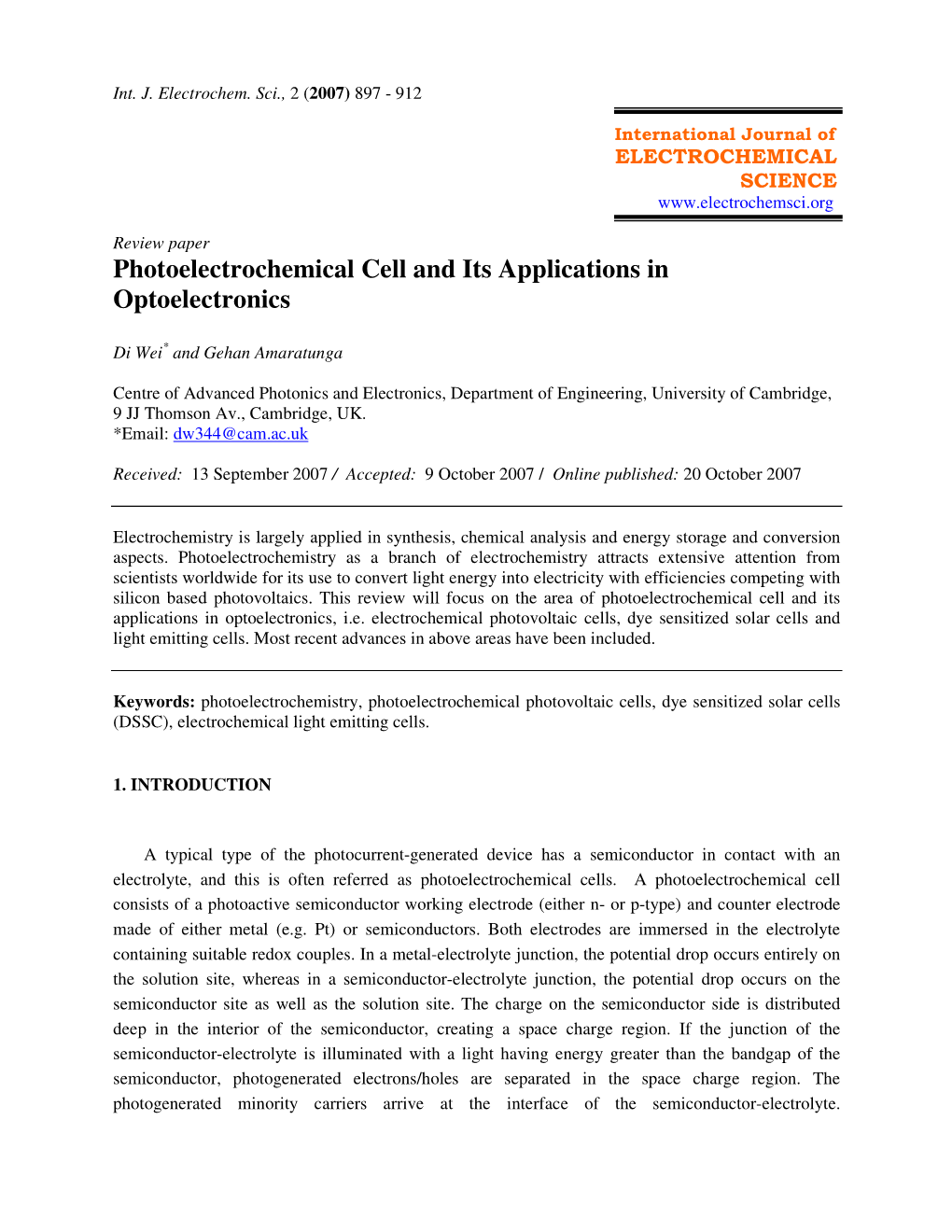 Photoelectrochemical Cell and Its Applications in Optoelectronics