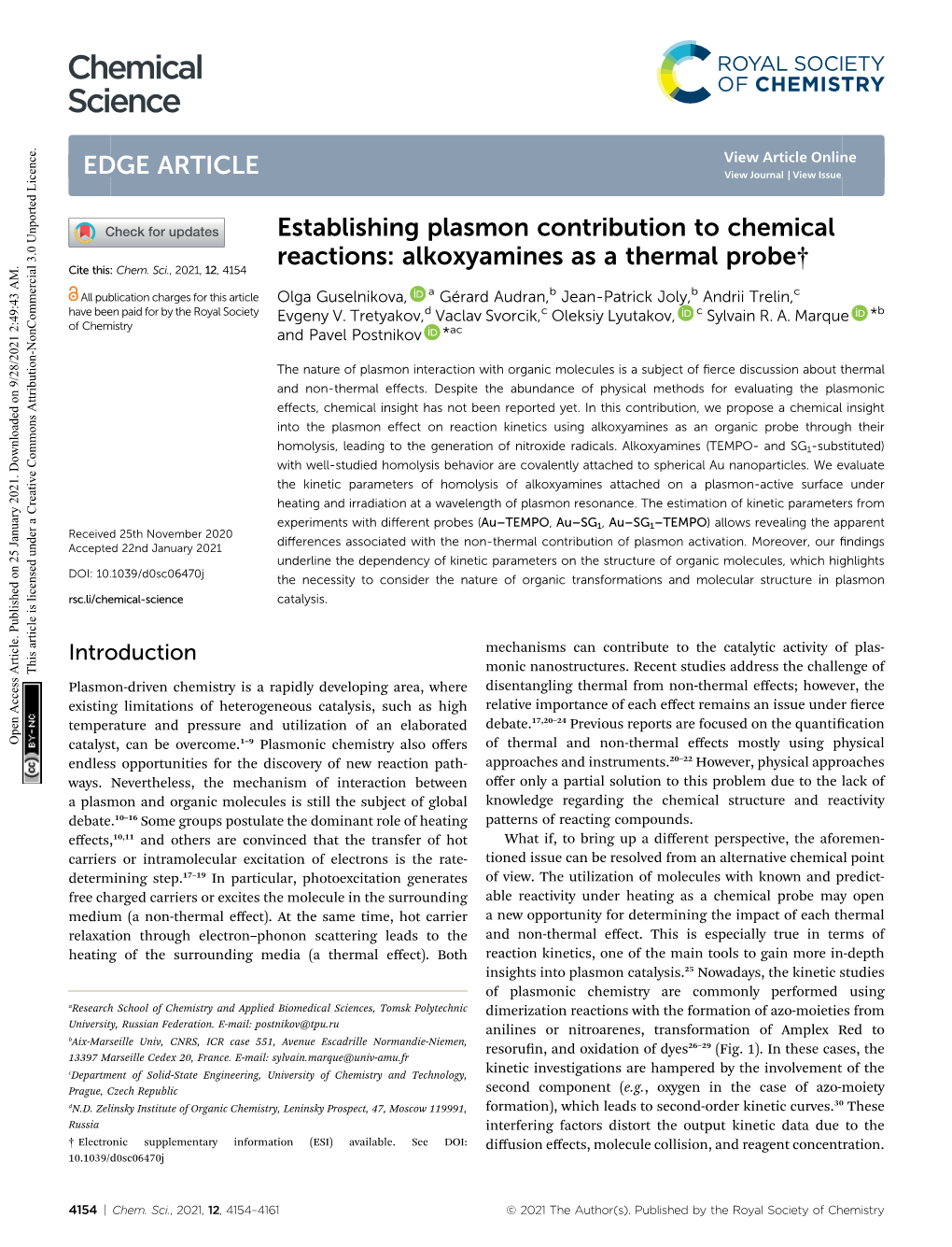 Establishing Plasmon Contribution to Chemical Reactions: Alkoxyamines As a Thermal Probe† Cite This: Chem