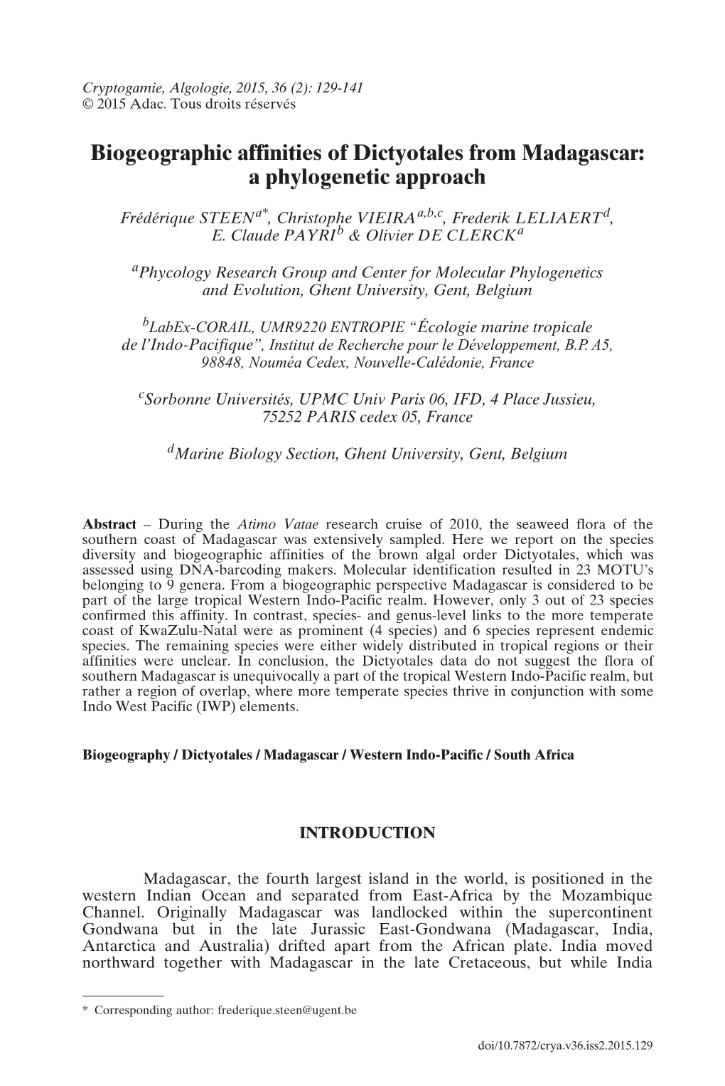 Biogeographic Affinities of Dictyotales from Madagascar: a Phylogenetic Approach