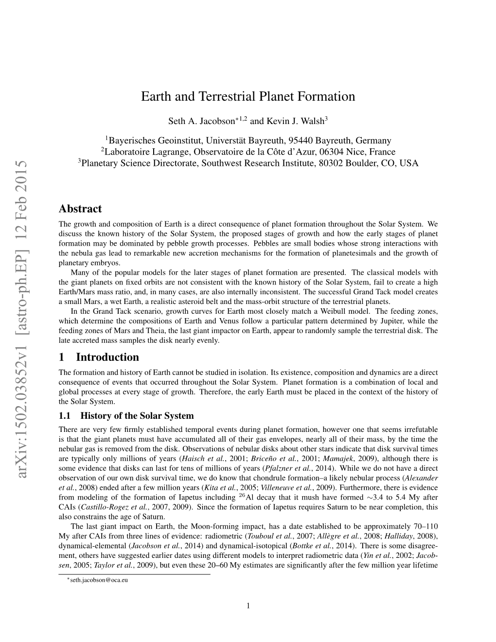 Earth and Terrestrial Planet Formation