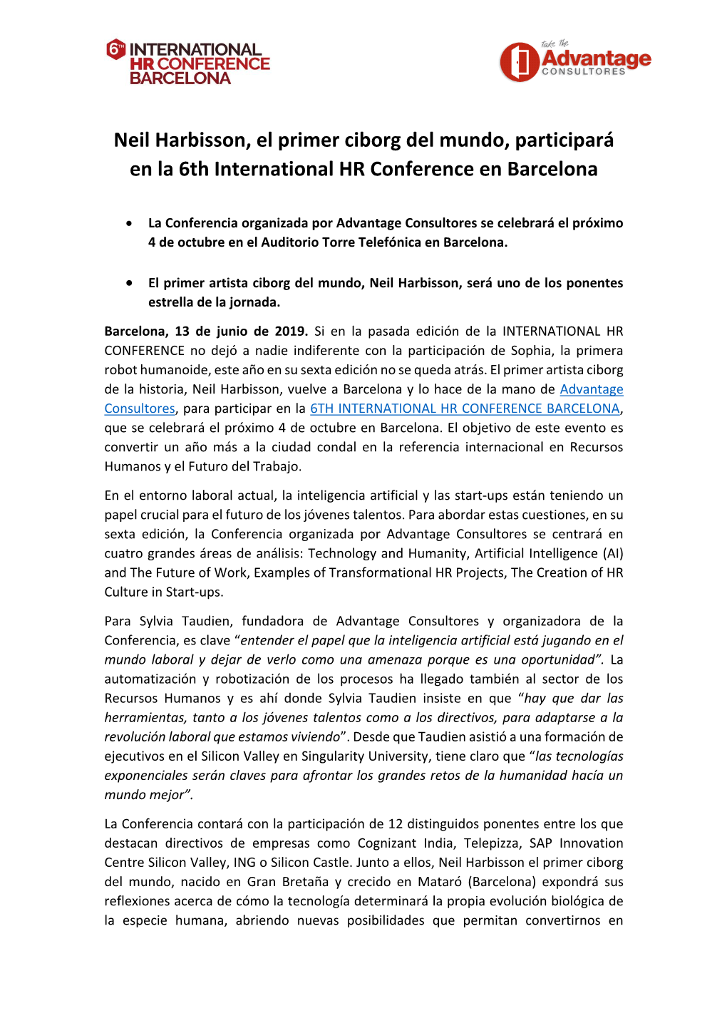 Neil Harbisson, El Primer Ciborg Del Mundo, Participará En La 6Th International HR Conference En Barcelona