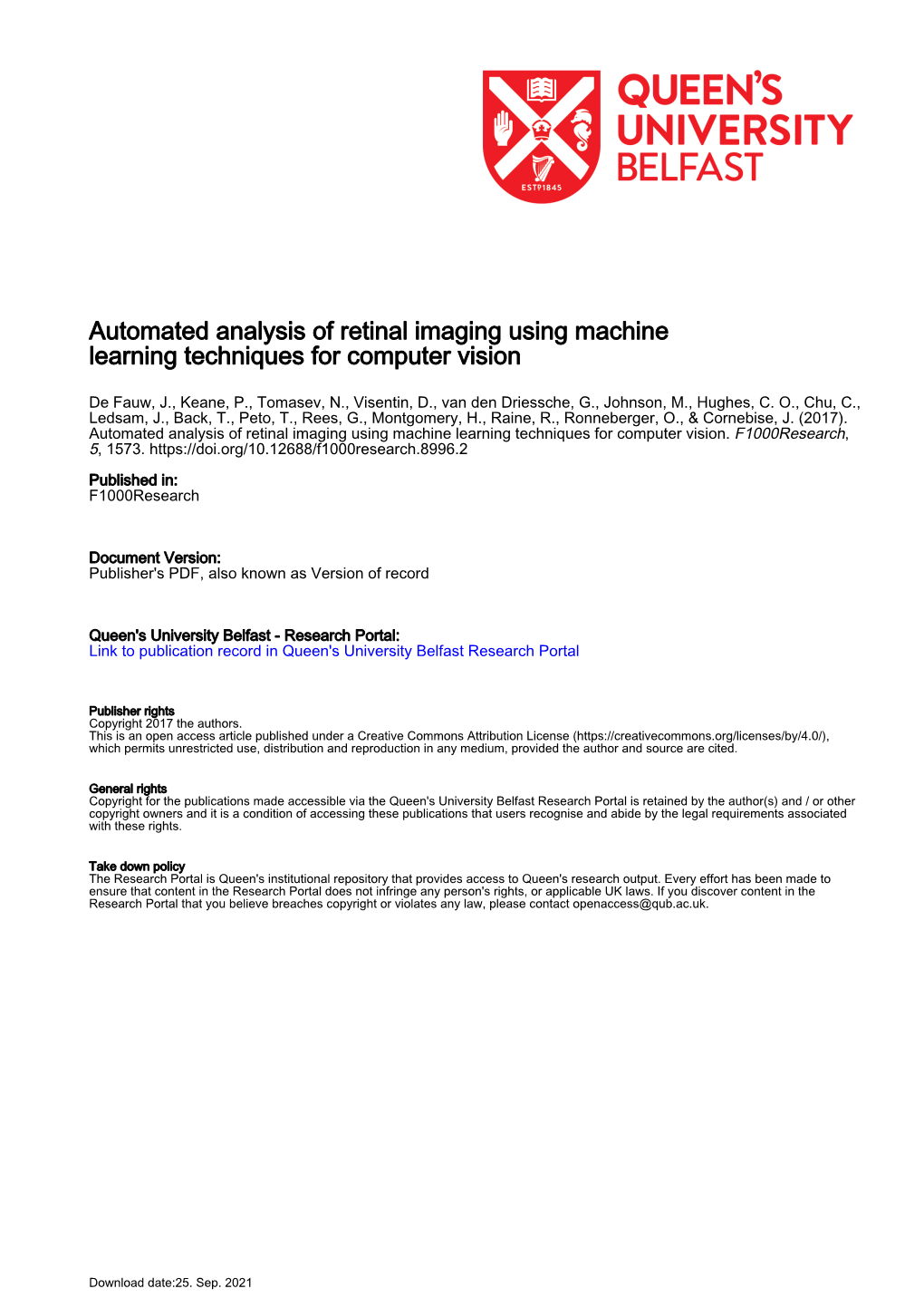 Automated Analysis of Retinal Imaging Using Machine Learning Techniques for Computer Vision