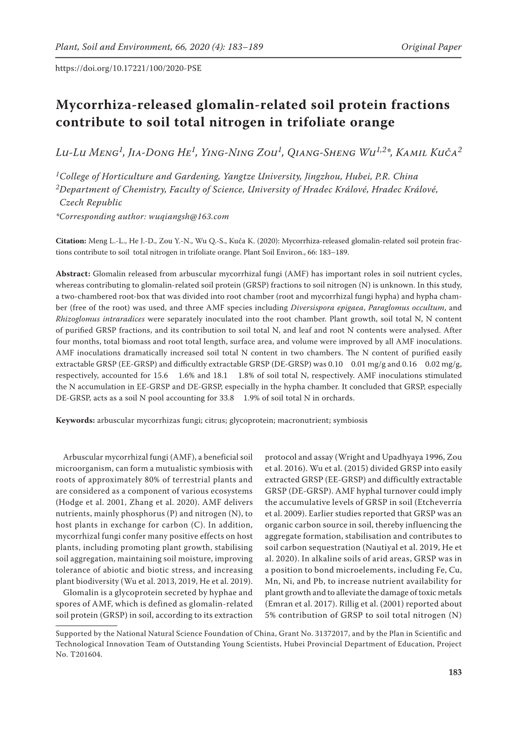 Mycorrhiza-Released Glomalin-Related Soil Protein Fractions Contribute to Soil Total Nitrogen in Trifoliate Orange