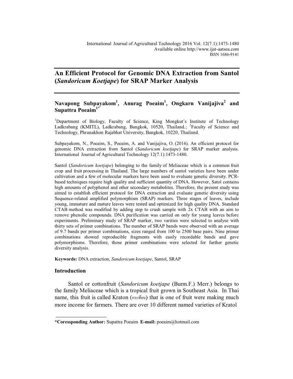 (Sandoricum Koetjape) for SRAP Marker Analysis. International Journal of Agricultural Technology 12(7.1):1473-1480