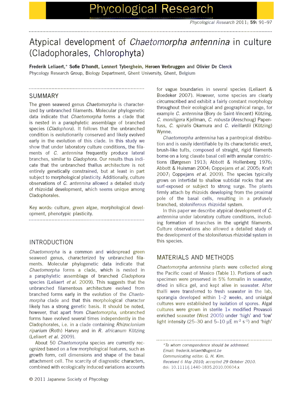 Atypical Development of Chaetomorpha Antennina in Culture (Cladophorales, Chlorophyta)