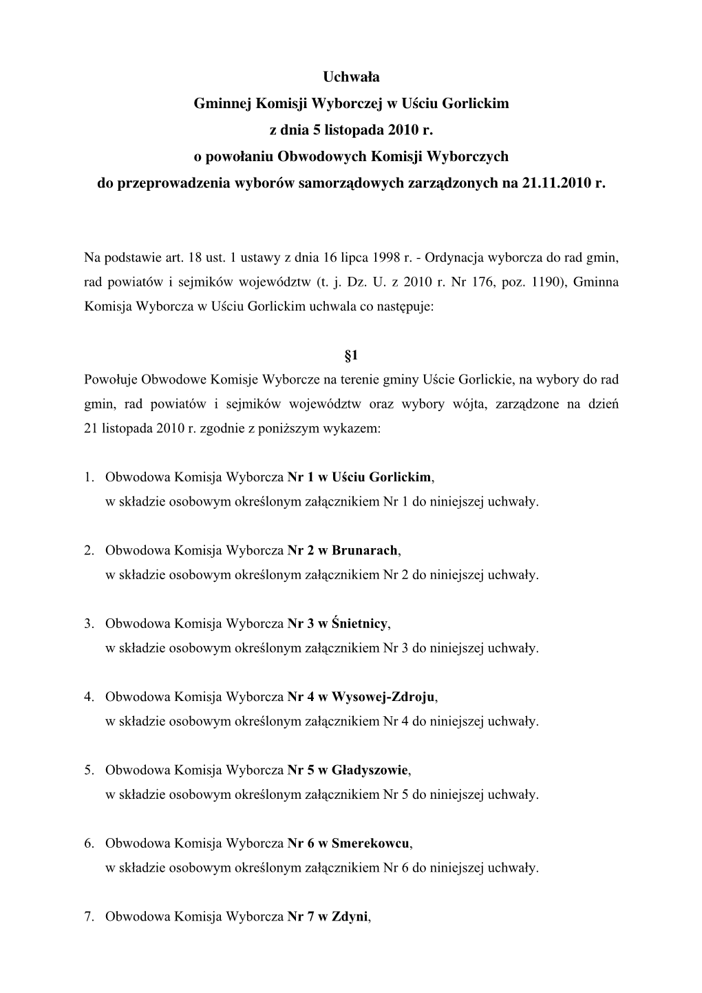 Uchwała Gminnej Komisji Wyborczej W Uściu Gorlickim Z Dnia 5 Listopada 2010 R