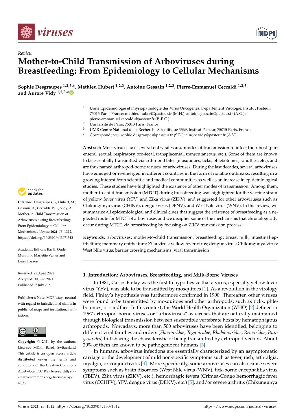 Mother-To-Child Transmission of Arboviruses During Breastfeeding: from Epidemiology to Cellular Mechanisms