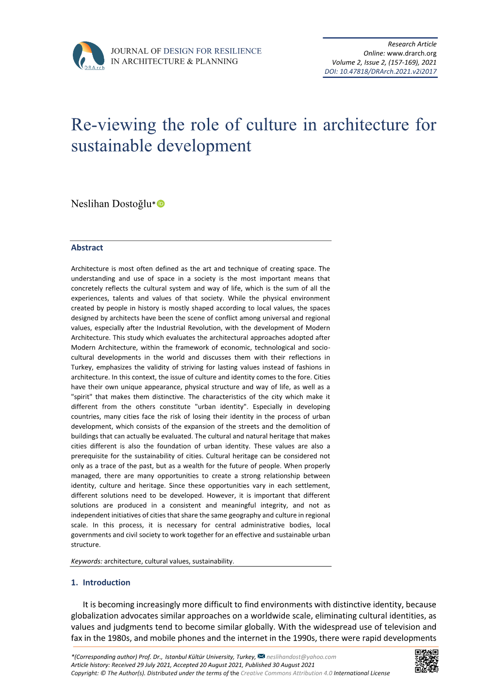 Re-Viewing the Role of Culture in Architecture for Sustainable Development