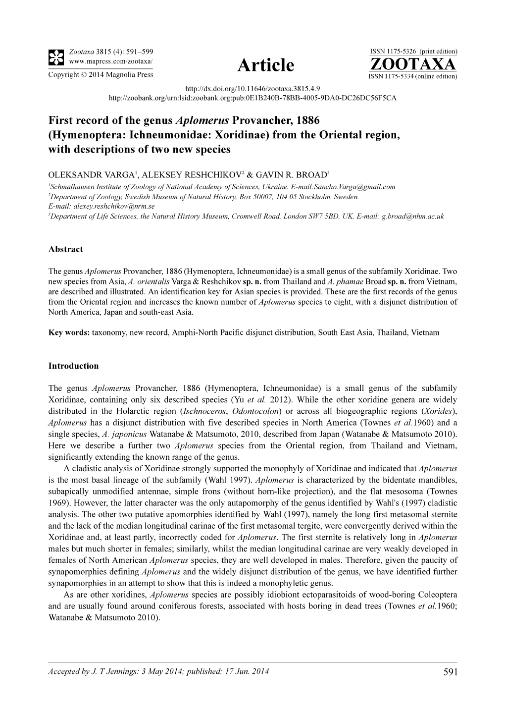 Hymenoptera: Ichneumonidae: Xoridinae) from the Oriental Region, with Descriptions of Two New Species