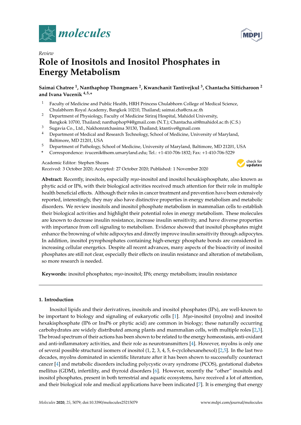 Role of Inositols and Inositol Phosphates in Energy Metabolism