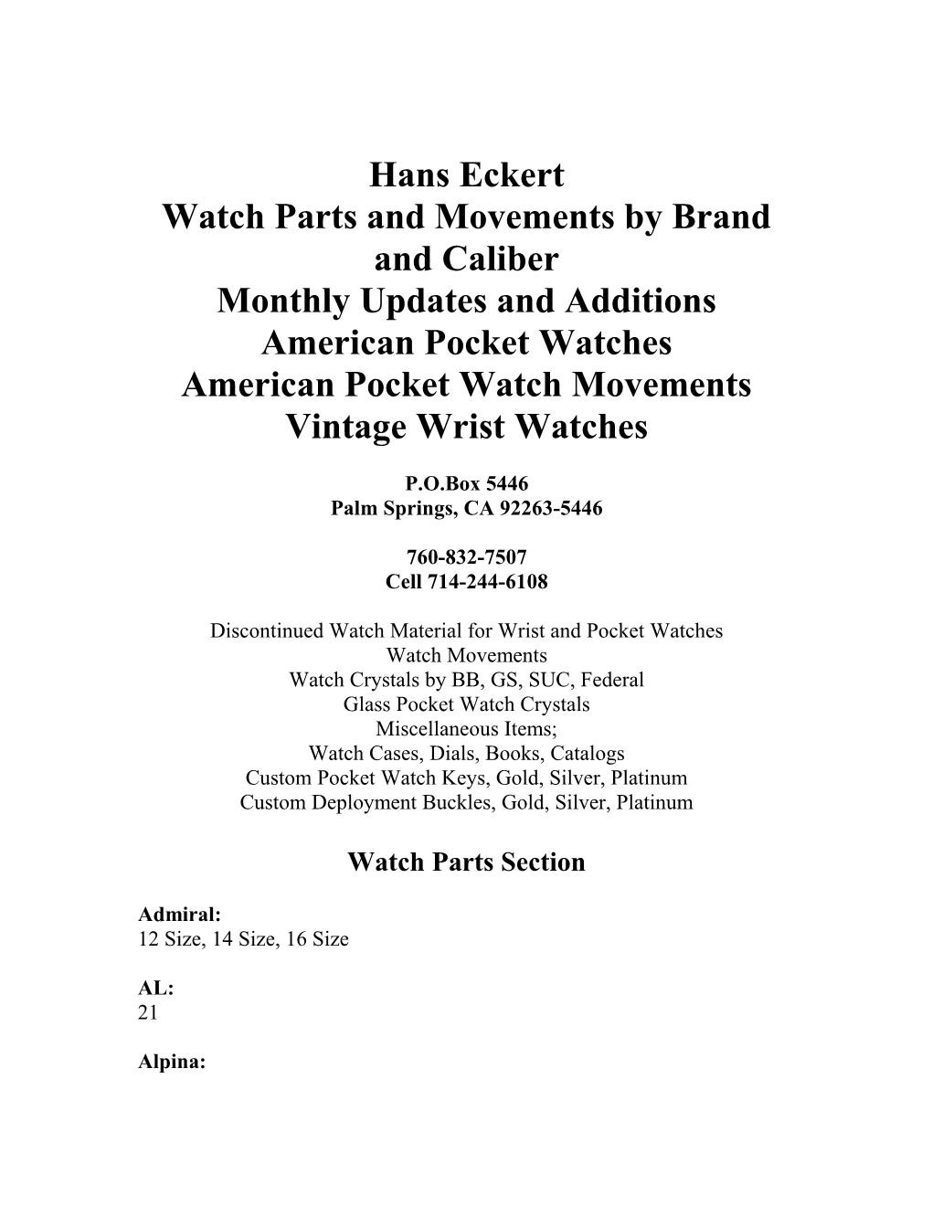 Watch Parts By Brand And Caliber