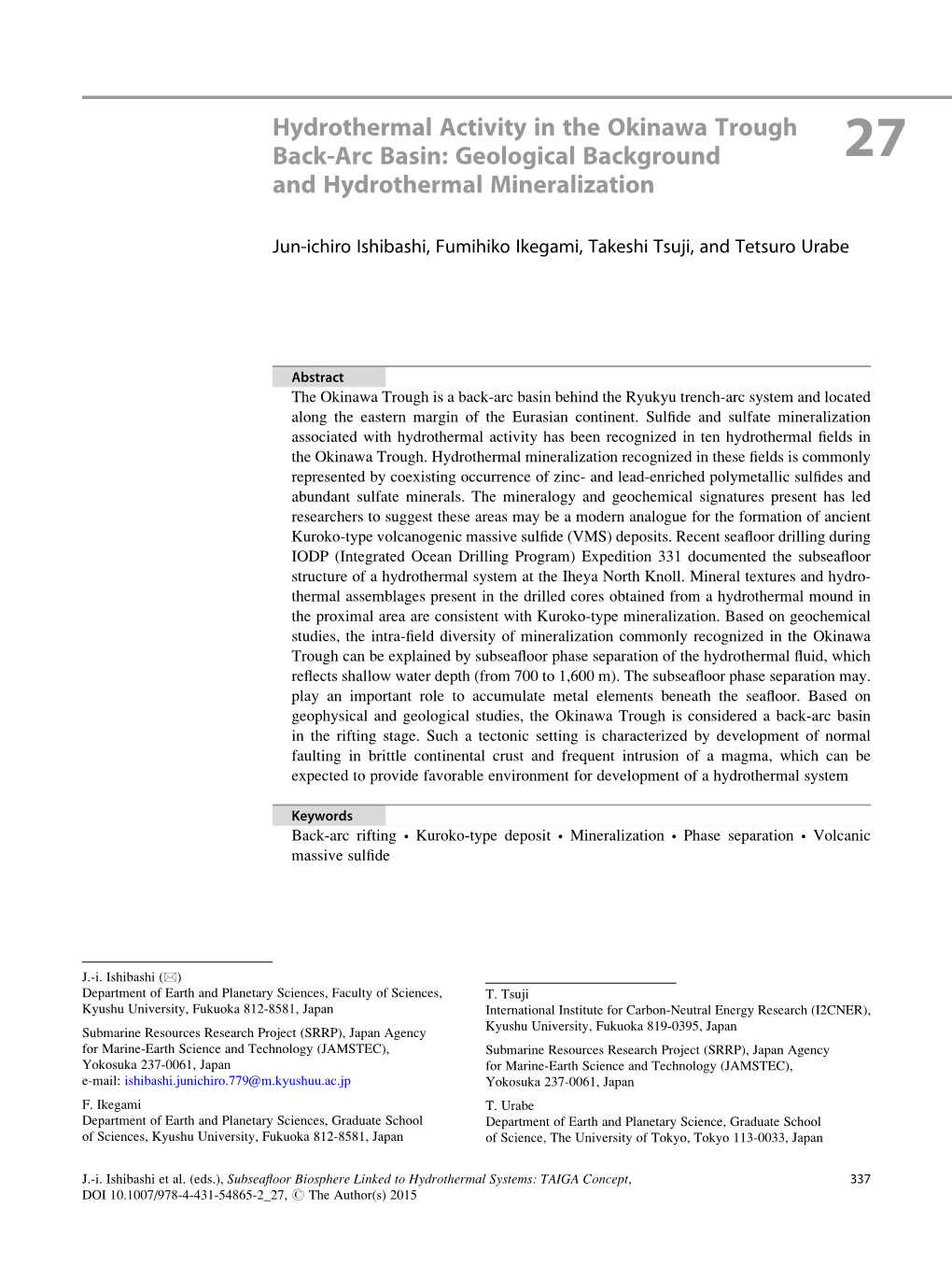 Hydrothermal Activity in the Okinawa Trough Back-Arc Basin: Geological Background 27 and Hydrothermal Mineralization