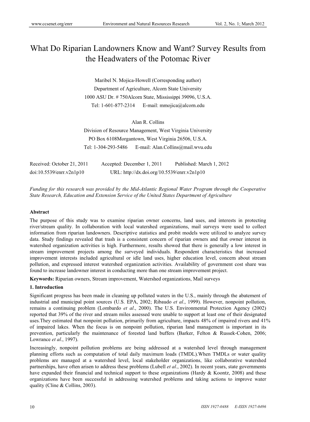 What Do Riparian Landowners Know and Want? Survey Results from the Headwaters of the Potomac River