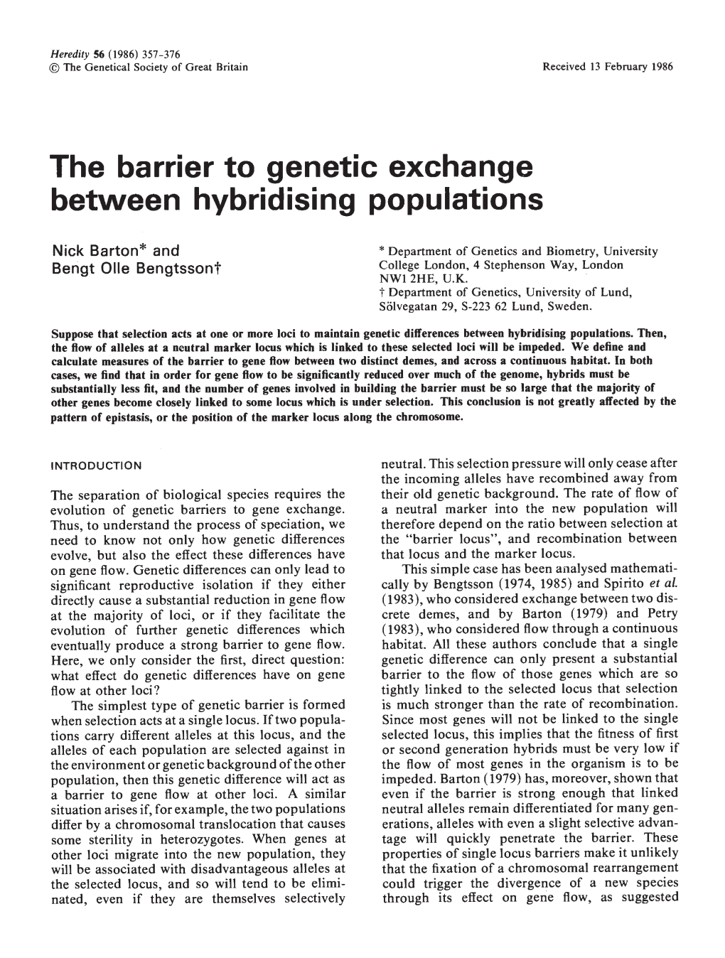 The Barrier to Genetic Exchange Between Hybridising Populations
