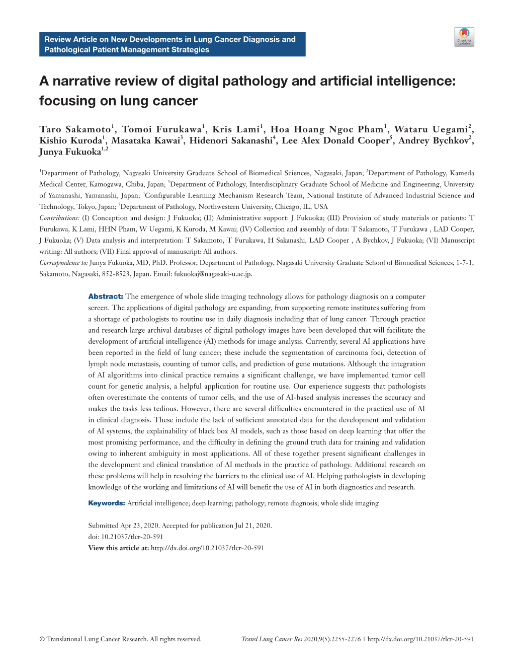 A Narrative Review of Digital Pathology and Artificial Intelligence: Focusing on Lung Cancer