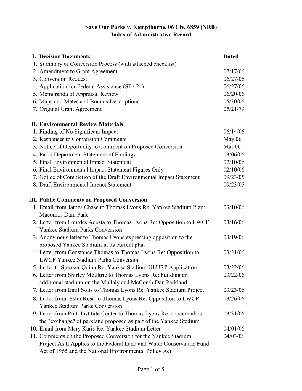 Session 20 Administrative Record Index Macombs Dam Park Yankee Stadium