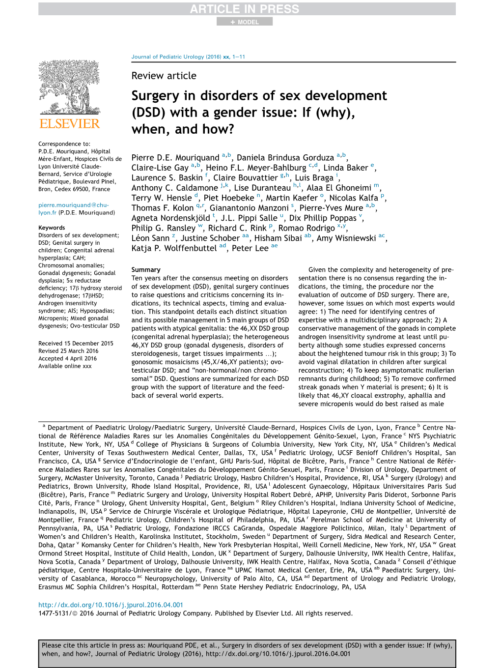 Surgery in Disorders of Sex Development (DSD) with a Gender Issue: If (Why), When, and How? Correspondence To: P.D.E