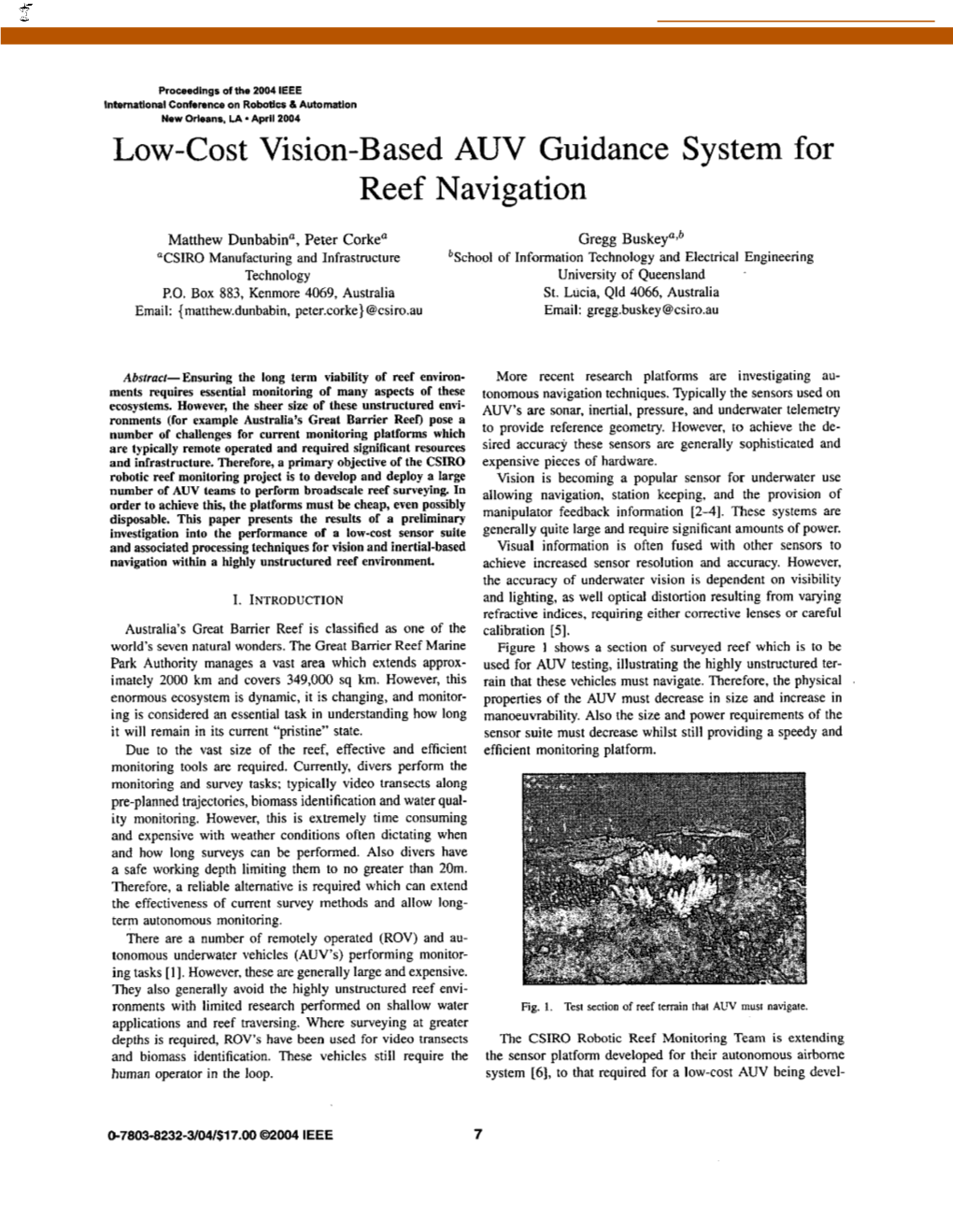 Low-Cost Vision-Based AUV Guidance System for Reef Navigation