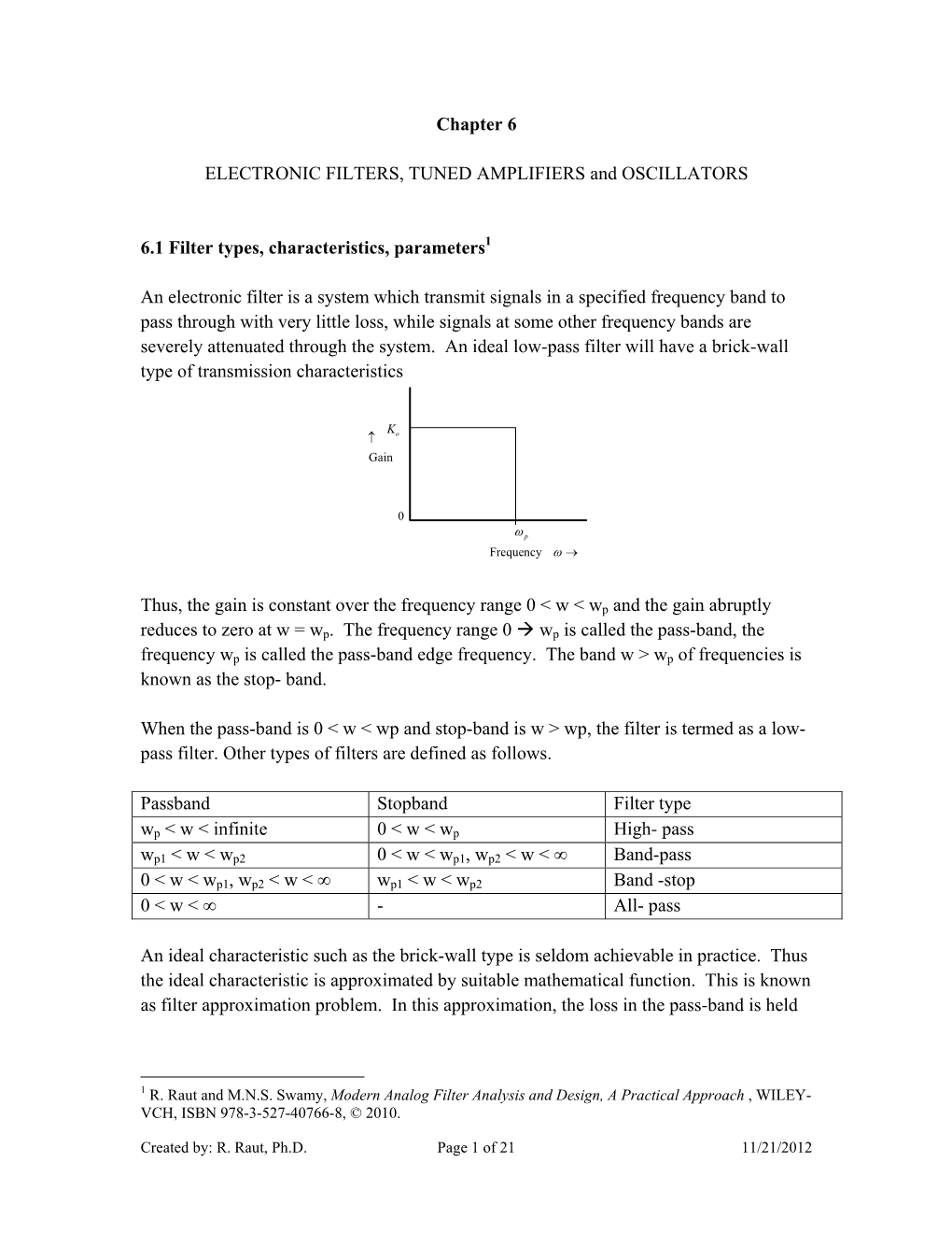 Chapter 6 ELECTRONIC FILTERS, TUNED AMPLIFIERS And