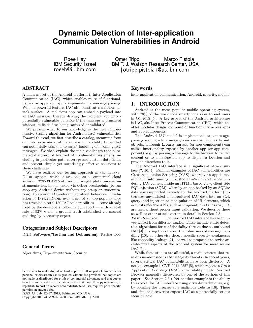 Dynamic Detection of Inter-Application Communication Vulnerabilities in Android