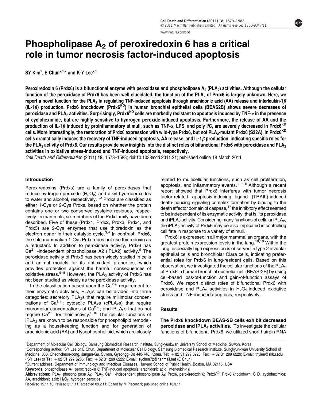 Phospholipase A2 of Peroxiredoxin 6 Has a Critical Role in Tumor Necrosis Factor-Induced Apoptosis