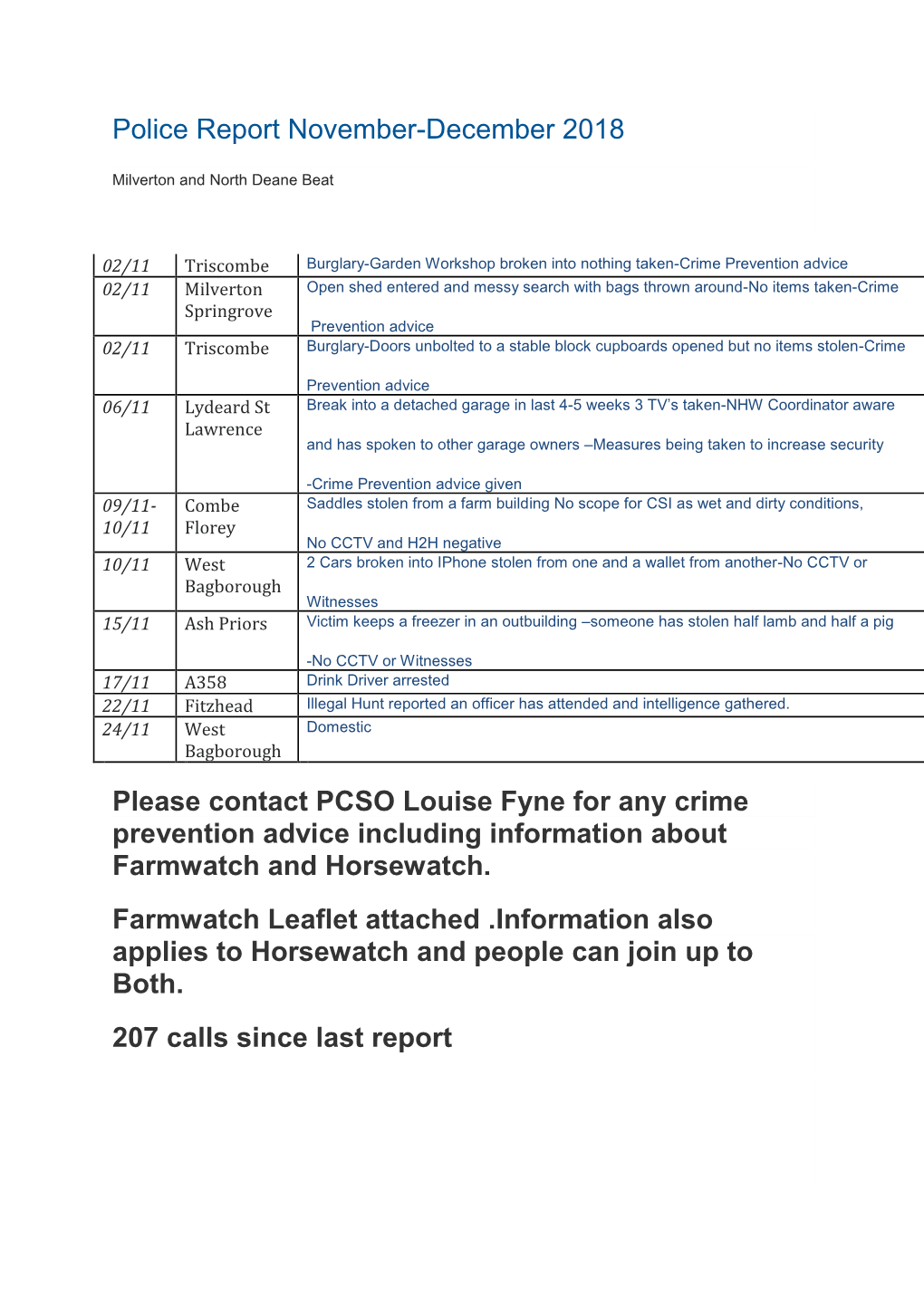 Police Report November-December 2018