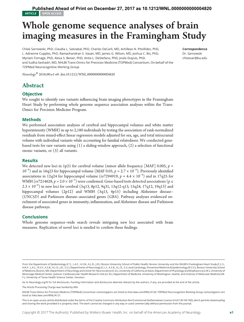 Whole Genome Sequence Analyses of Brain Imaging Measures in the Framingham Study