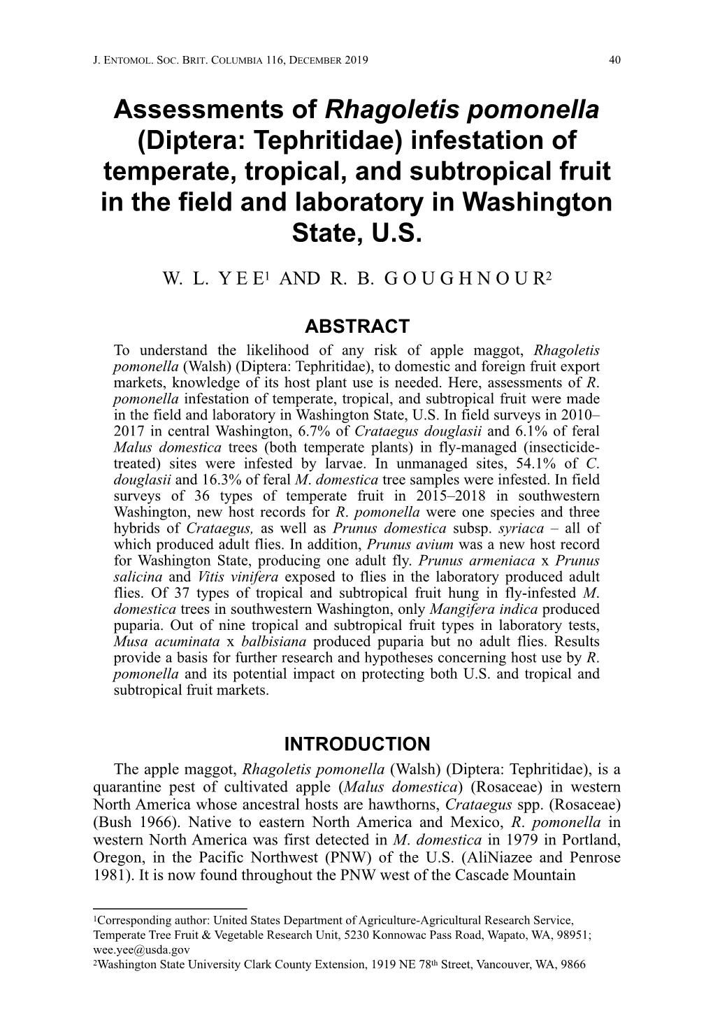 Assessments of Rhagoletis Pomonella (Diptera: Tephritidae) Infestation Of