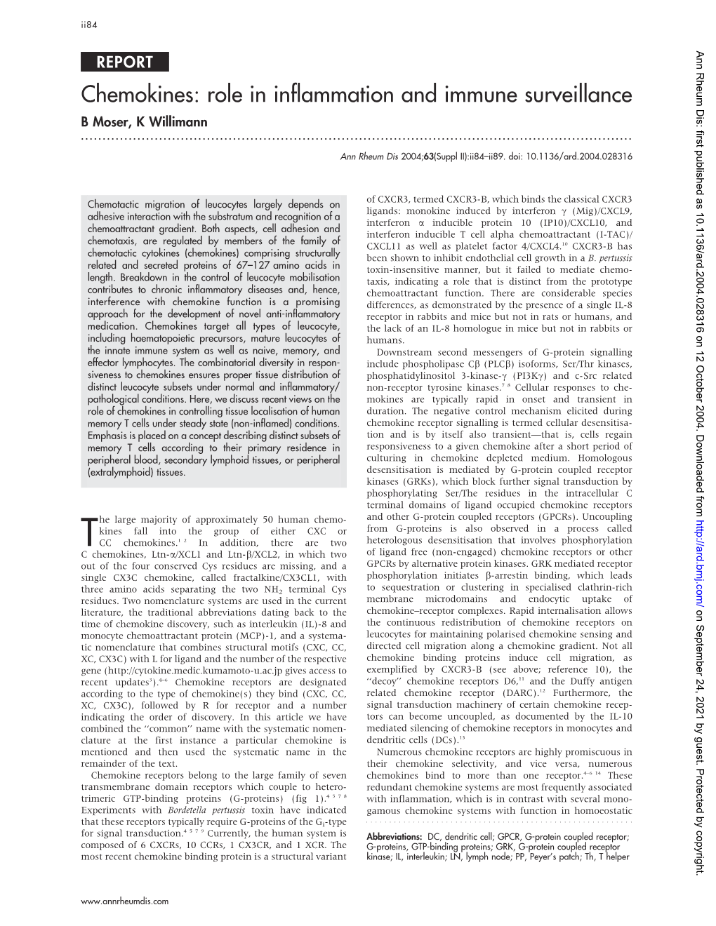 Chemokines: Role in Inflammation and Immune Surveillance B Moser, K Willimann