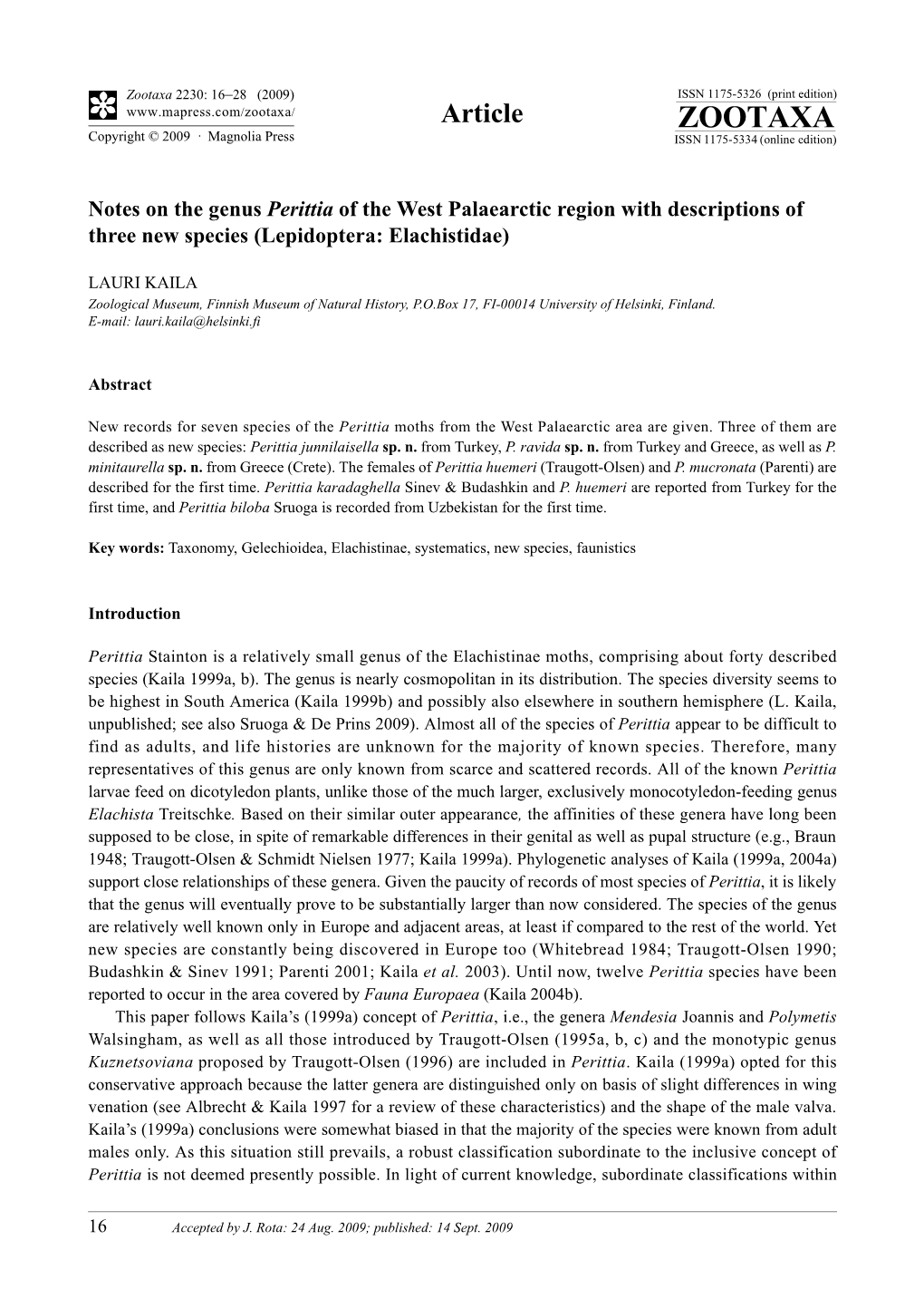 Zootaxa, Notes on the Genus Perittia of the West Palaearctic Region with Descriptions of Three New Species