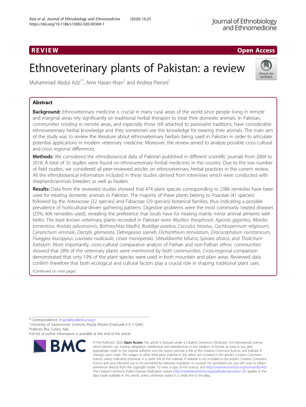 Ethnoveterinary Plants of Pakistan: a Review Muhammad Abdul Aziz1*, Amir Hasan Khan2 and Andrea Pieroni1