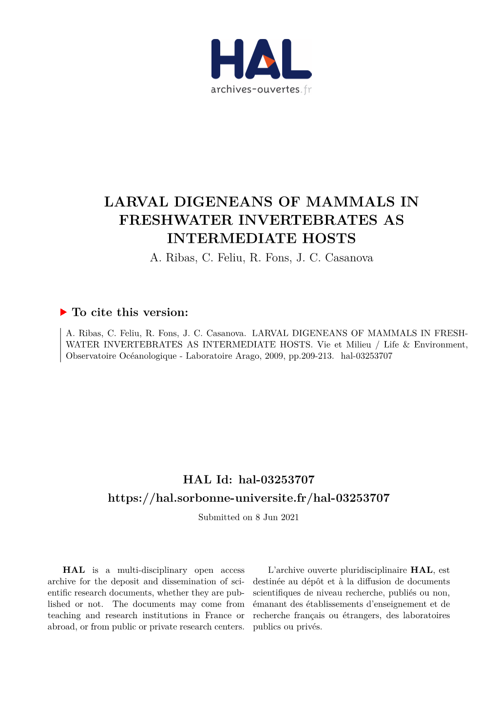 Larval Digeneans of Mammals in Freshwater Invertebrates As Intermediate Hosts A