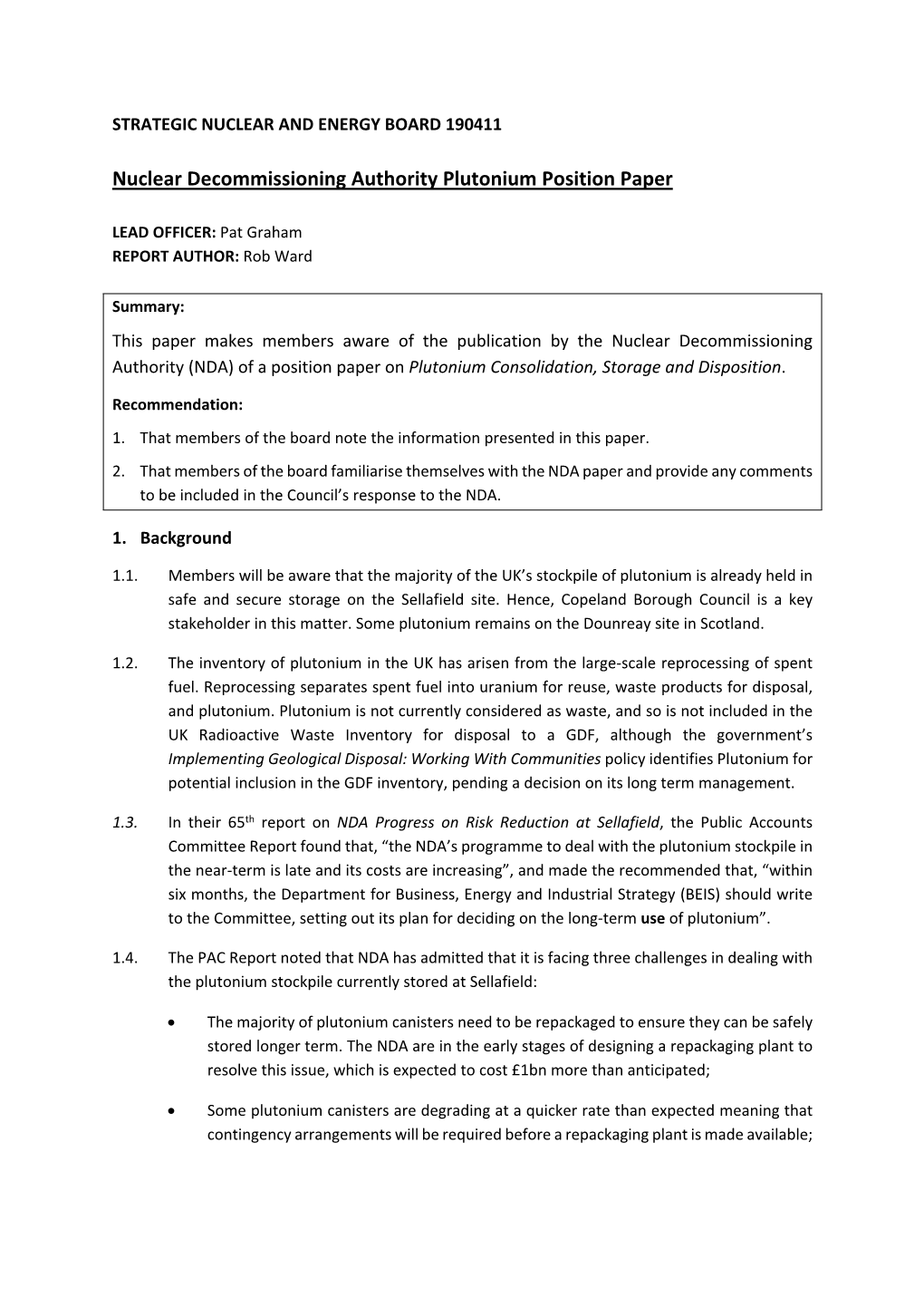 Nuclear Decommissioning Authority Plutonium Position Paper