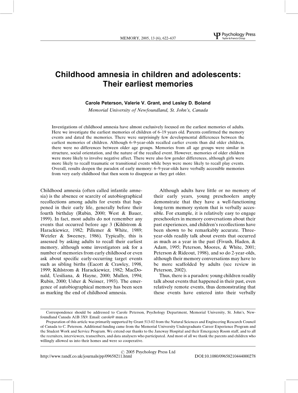 Childhood Amnesia in Children and Adolescents: Their Earliest Memories