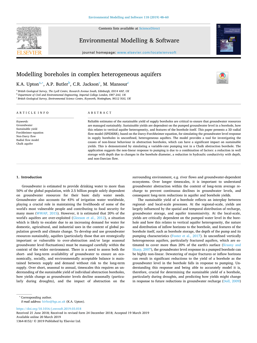 Modelling Boreholes in Complex Heterogeneous Aquifers T ∗ K.A