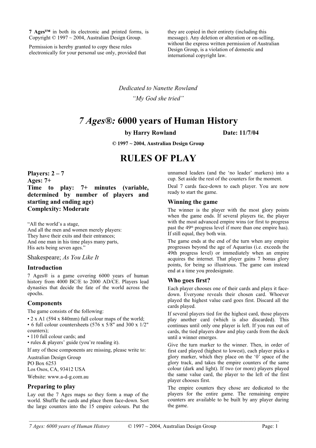 7 Ages: 6000 Years of Human History 1997 2004, Australian Design Group Page: 1