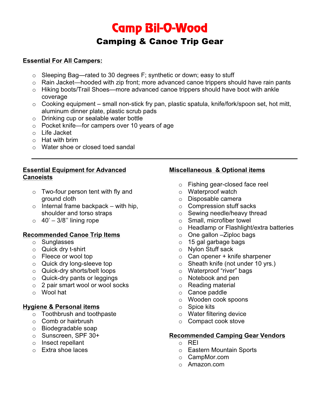 Canoe Tripping Equipment List