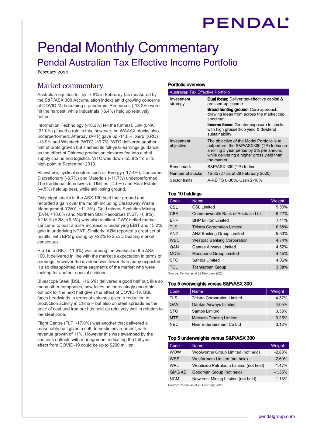 Pendal Monthly Commentary Pendal Australian Tax Effective Income Portfolio February 2020