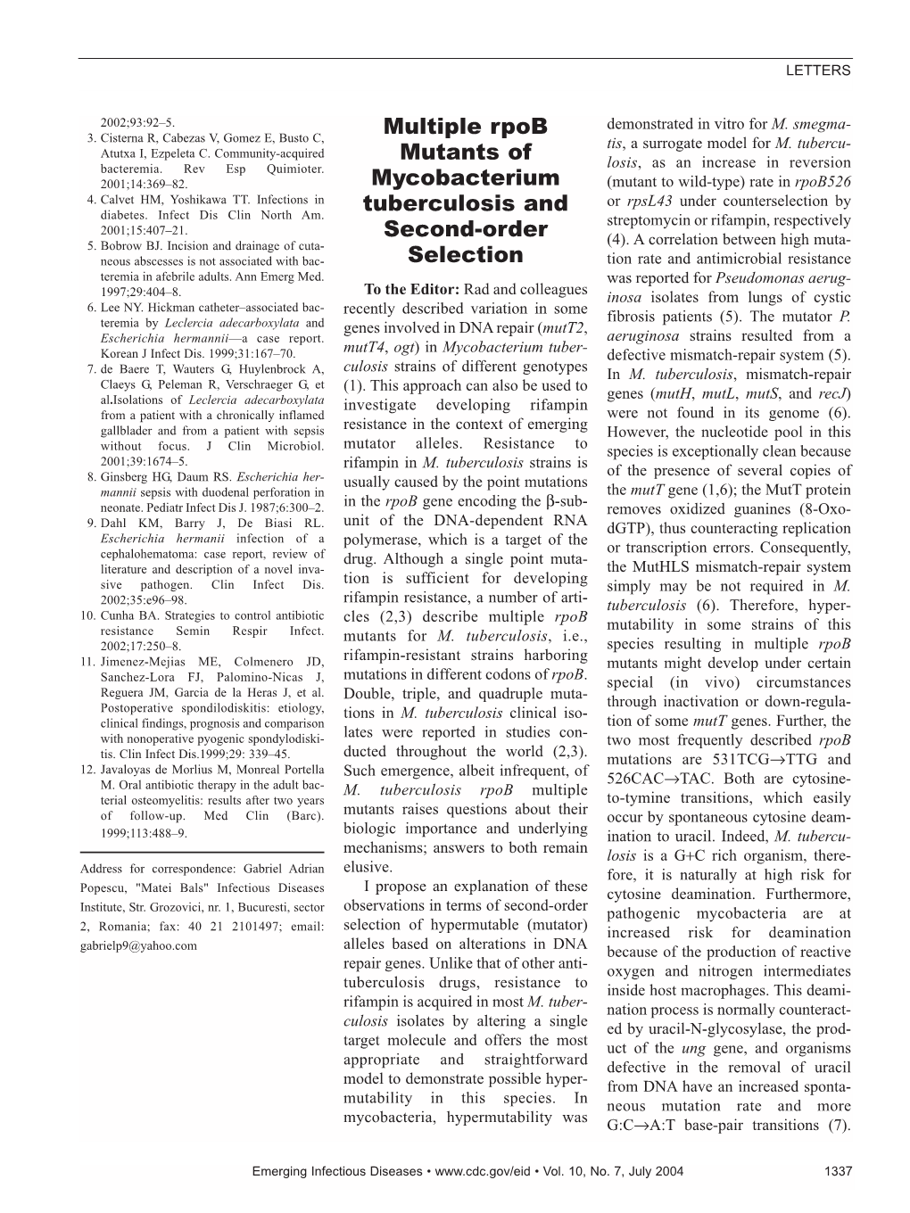 Multiple Rpob Mutants of Mycobacterium Tuberculosis And