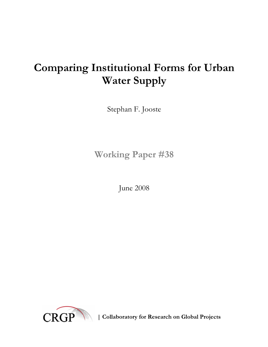 Comparing Institutional Forms for Urban Water Supply