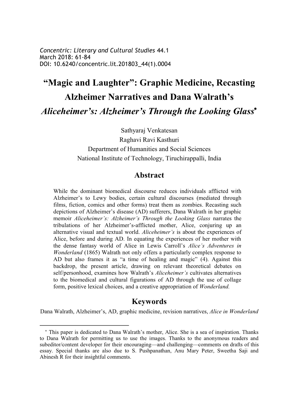 Graphic Medicine, Recasting Alzheimer Narratives and Dana Walrath’S Aliceheimer’S: Alzheimer’S Through the Looking Glass