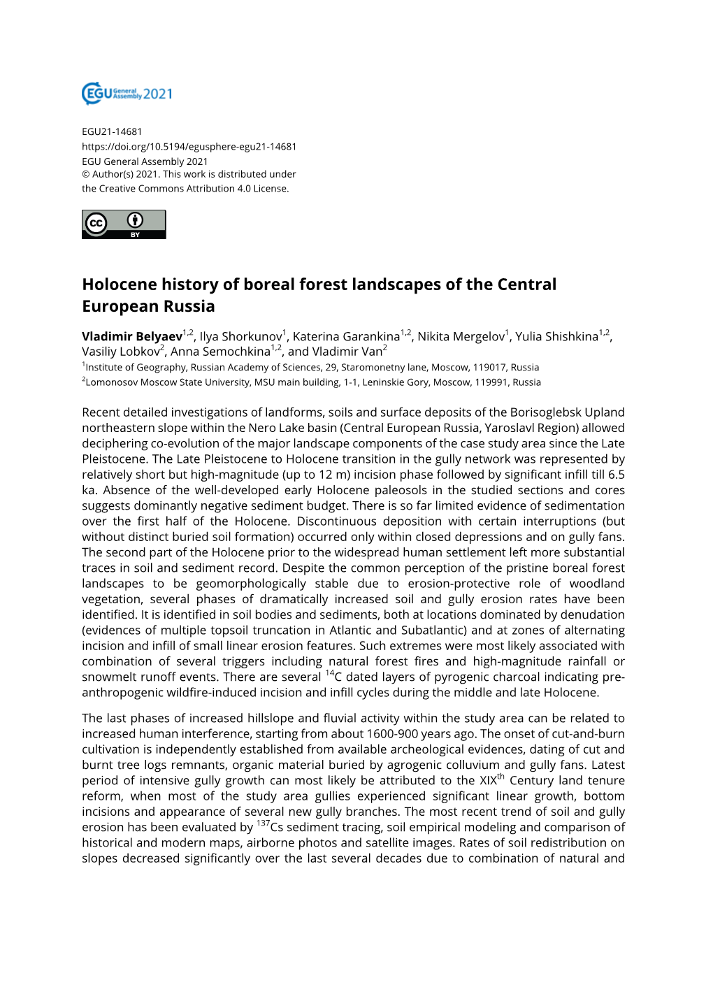 Holocene History of Boreal Forest Landscapes of the Central European Russia