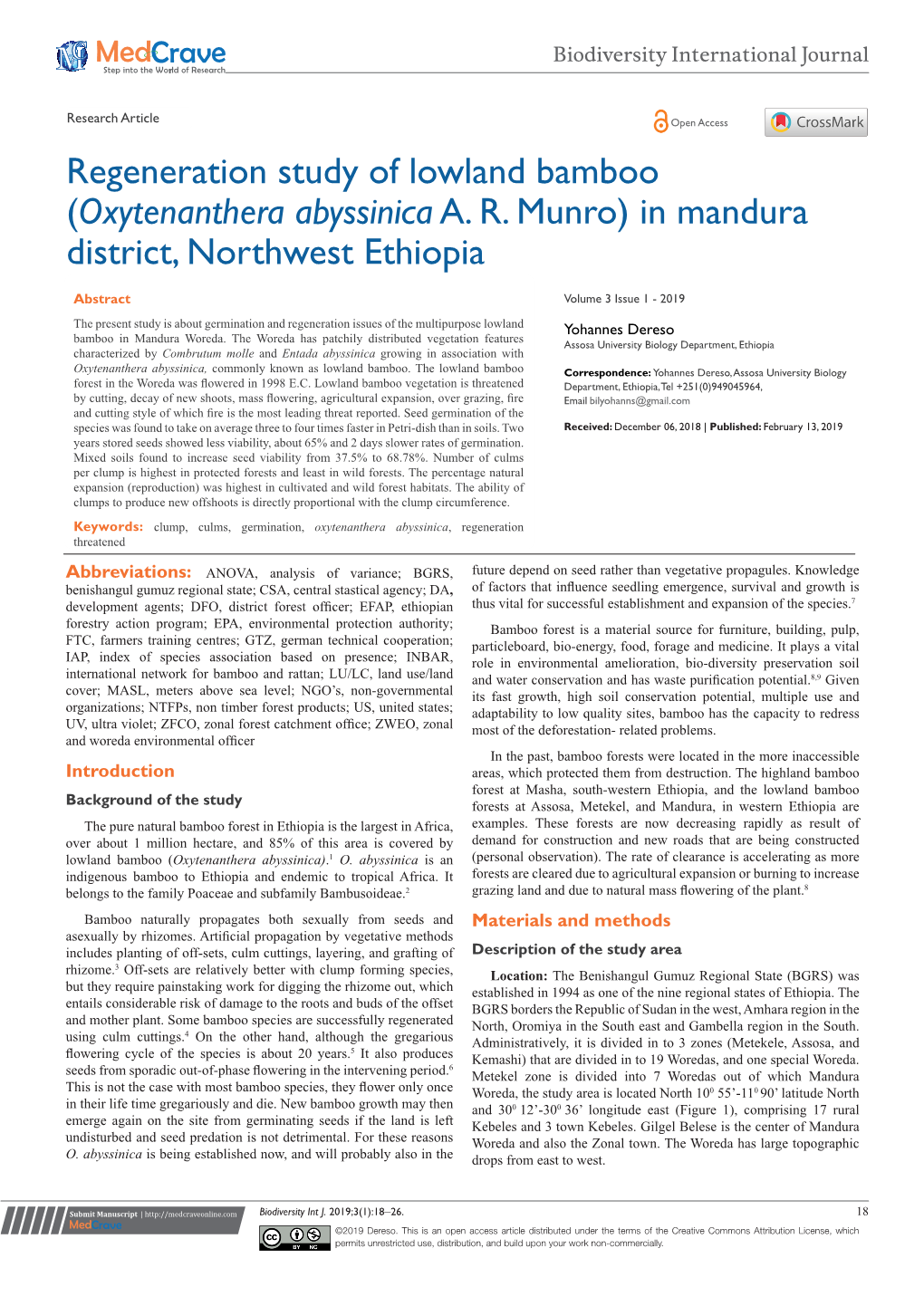 Regeneration Study of Lowland Bamboo (Oxytenanthera Abyssinica A. R. Munro) in Mandura District, Northwest Ethiopia