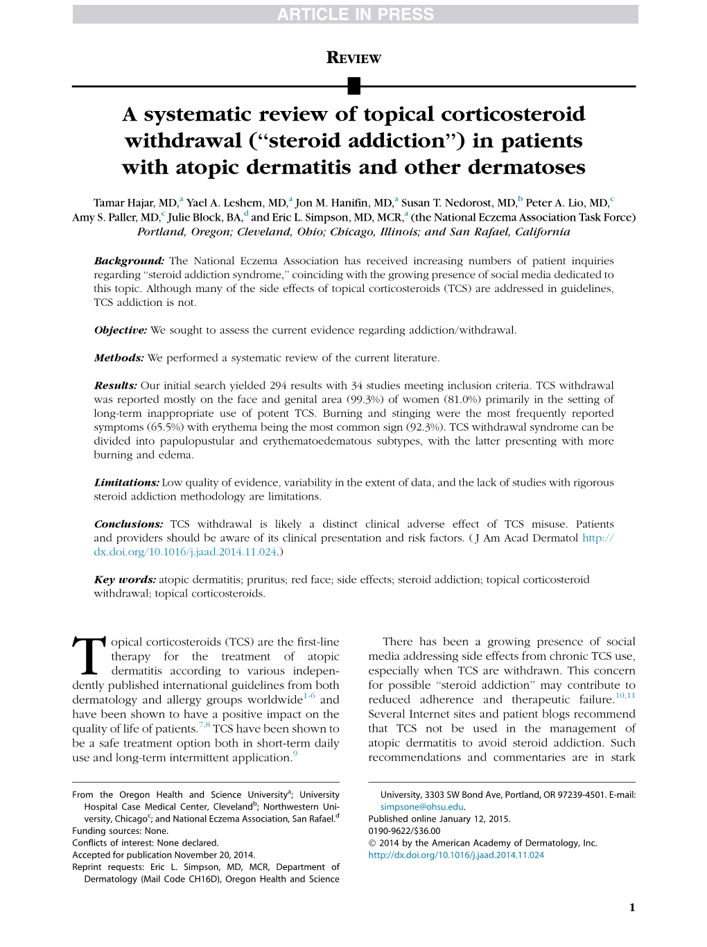 A Systematic Review of Topical Corticosteroid Withdrawal (``Steroid Addiction'') in Patients with Atopic Dermatitis
