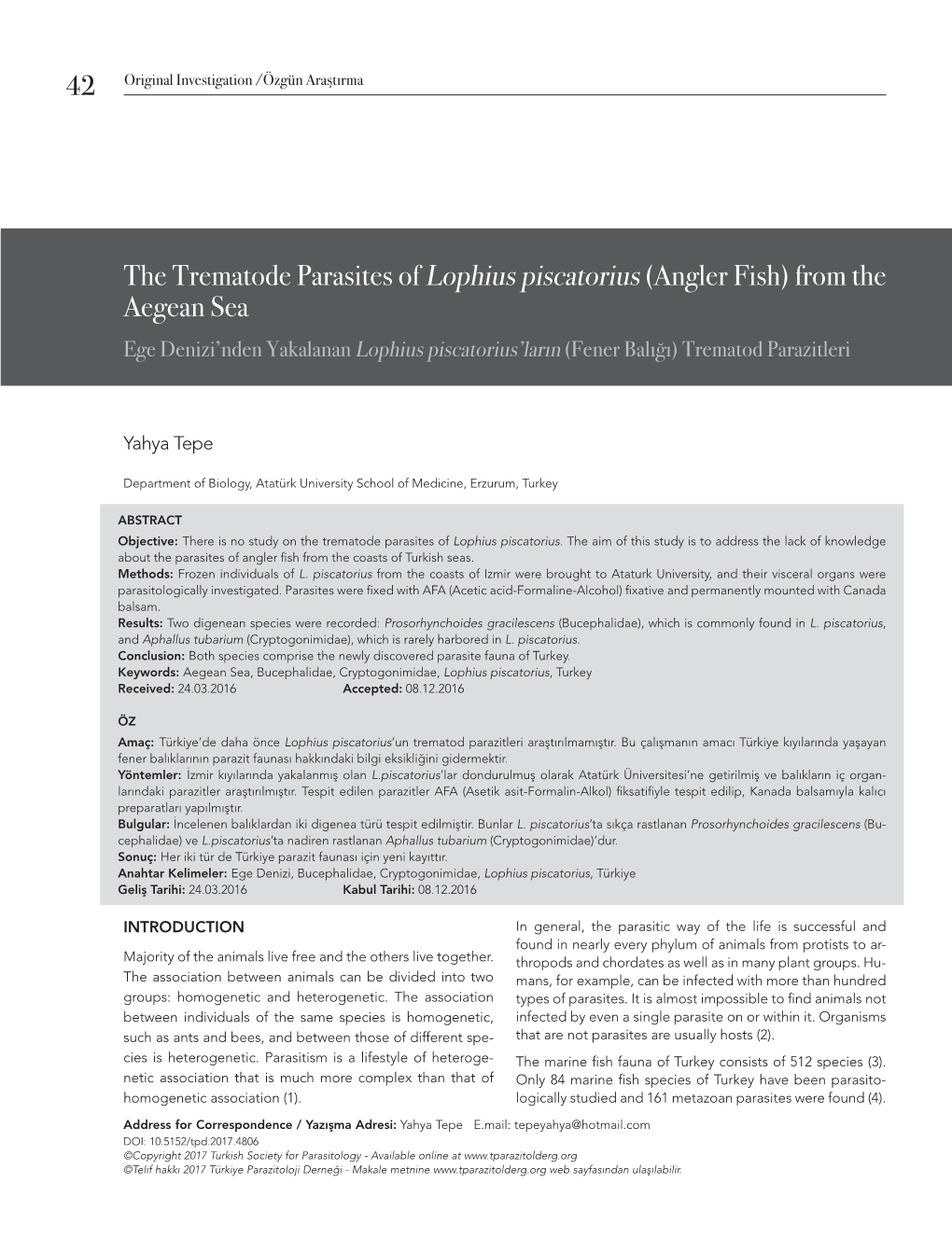 The Trematode Parasites of Lophius Piscatorius