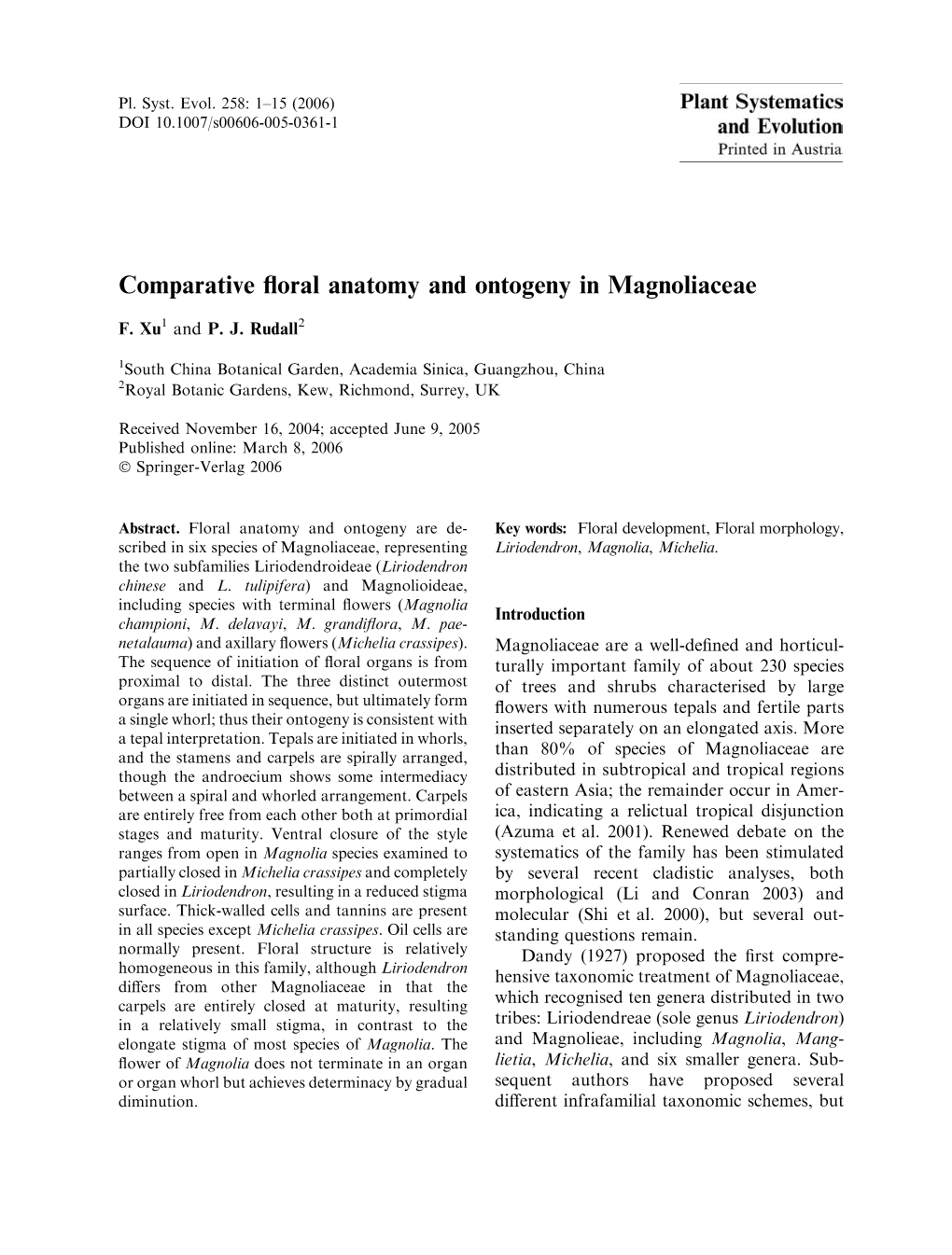 Comparative Floral Anatomy and Ontogeny in Magnoliaceae