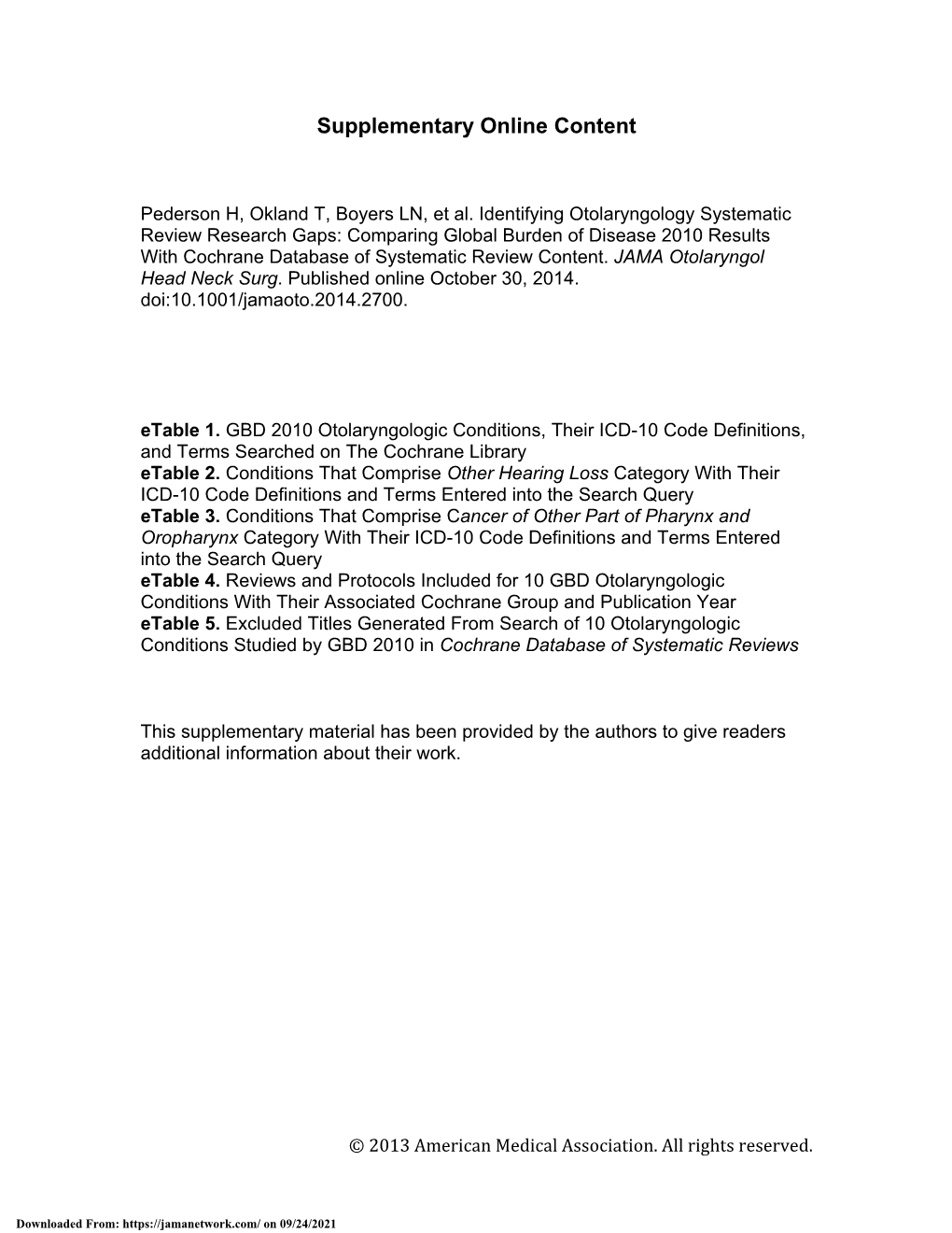 Identifying Otolaryngology Systematic Review Research Gaps: Comparing Global Burden of Disease 2010 Results with Cochrane Database of Systematic Review Content