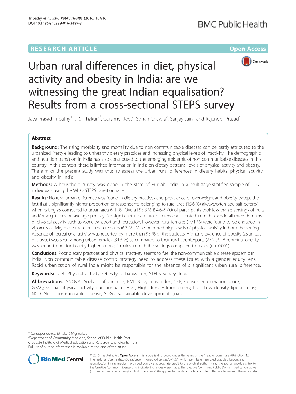 Urban Rural Differences in Diet, Physical Activity and Obesity in India