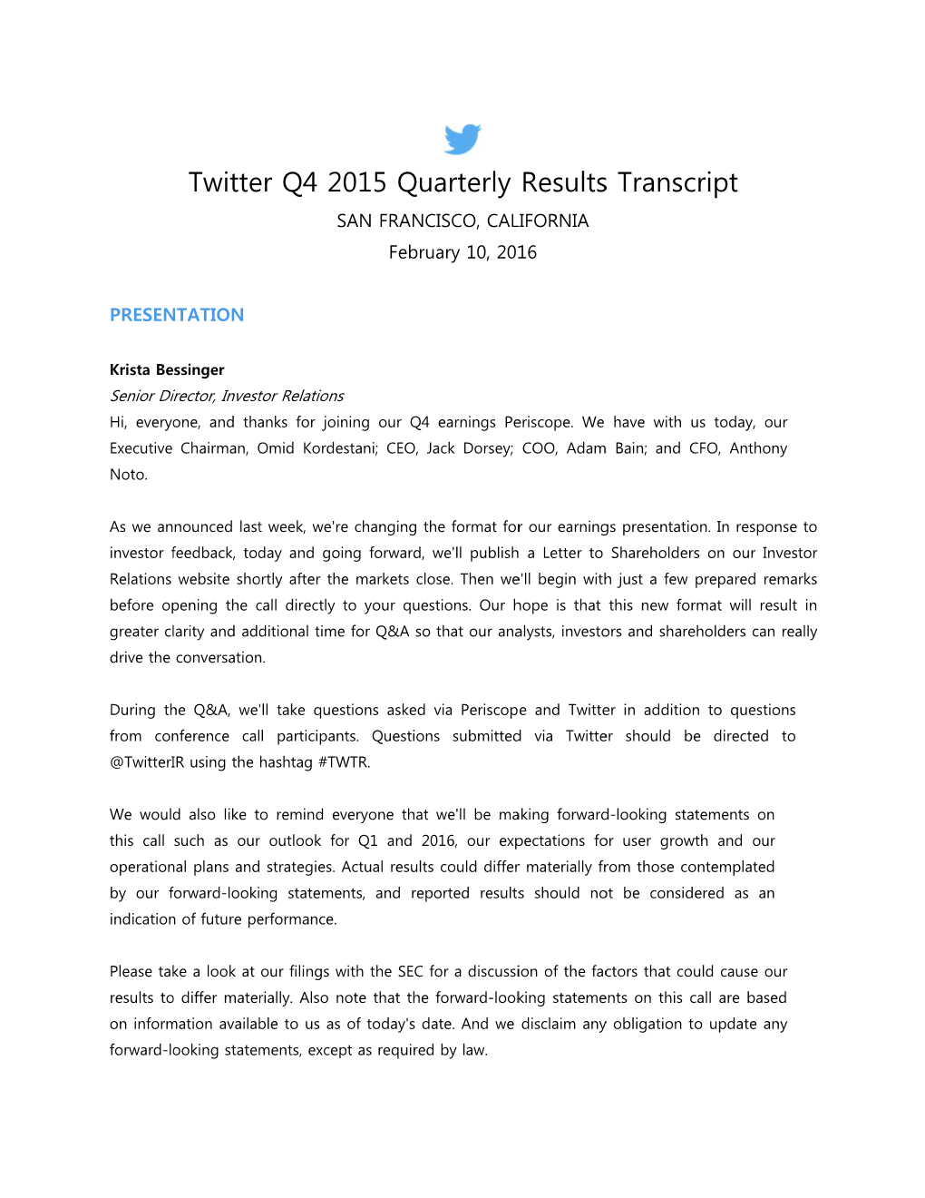 Twitte Er Q4 20 015 Qu Arterly Results S Transc Cript